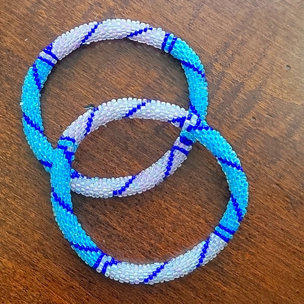 Set of 2 Pink, Blue Colors Pattern Roll Over Handmade Glass Beaded Bracelet